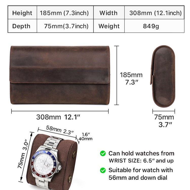 Real Leather 8 Slots Portable Watch Roll Travel Case