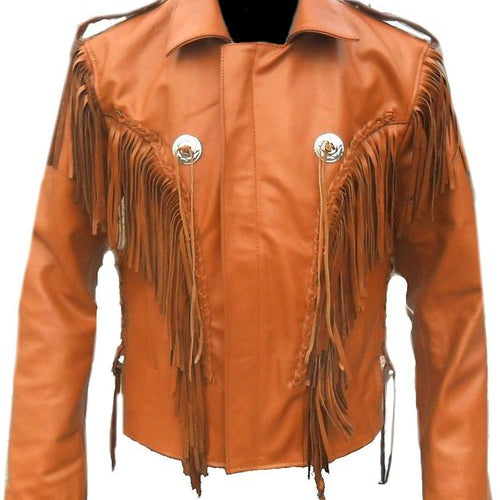 ,Men Tan Western Style Leather Jacket ,Cowboy Cowhide Leather Fringe Jacket