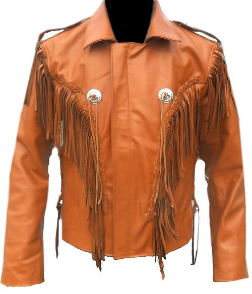 ,Men Tan Western Style Leather Jacket ,Cowboy Cowhide Leather Fringe Jacket
