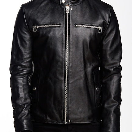 Men Black Detachable Fabric Hooded Leather Jacket, Biker Leather Jacket