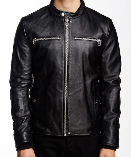 Men Black Detachable Fabric Hooded Leather Jacket, Biker Leather Jacket