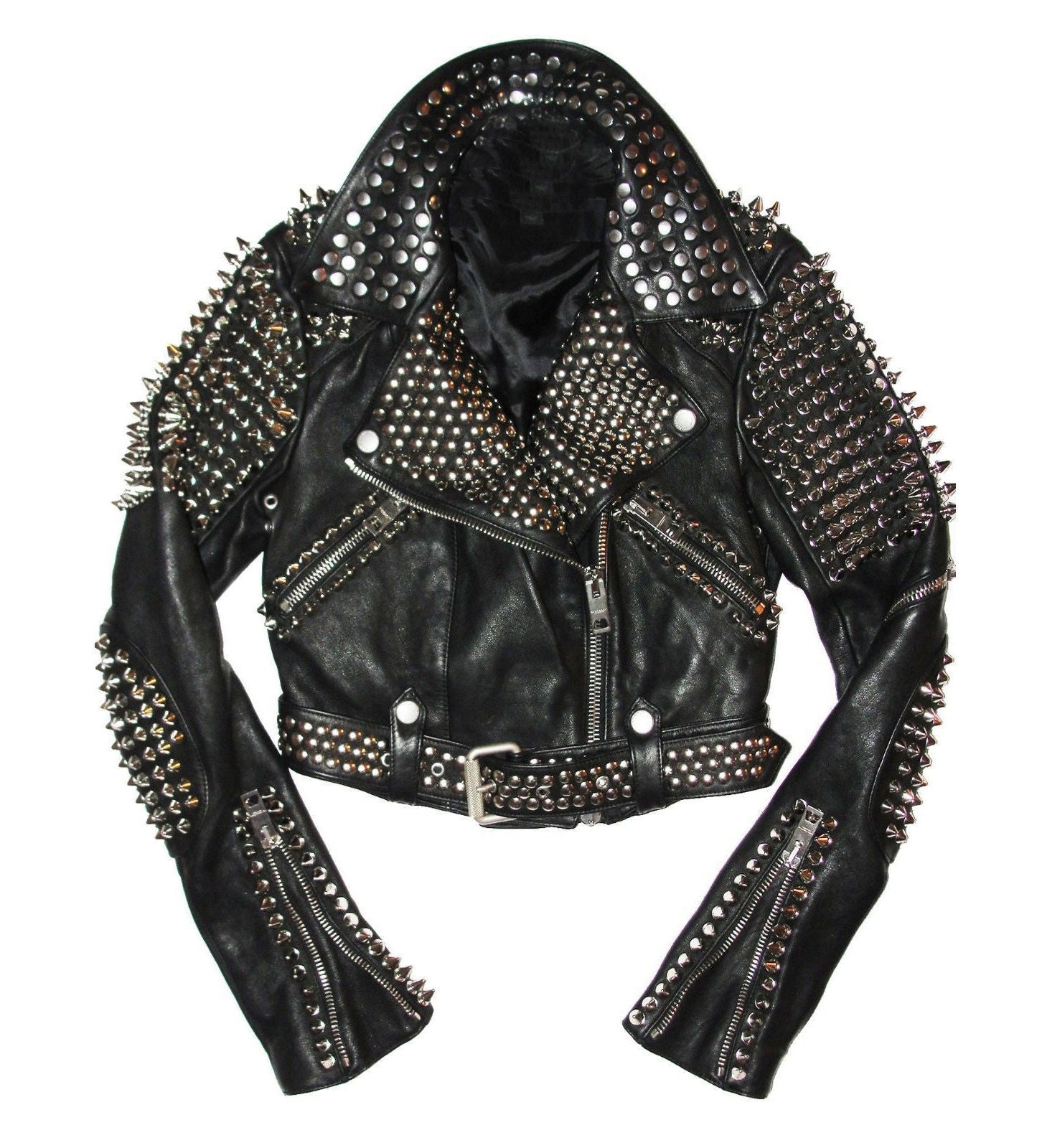 Punk Men Black Leather Rock Style Studded Spiked Biker Moto Jacket for Mens