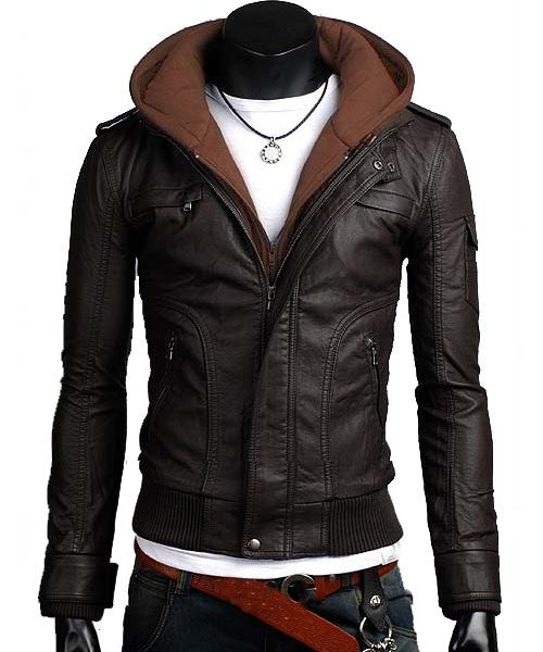Men Brown Slim Fit Fabric Hooded Jacket, Leather Hooded Jacket, Hoodies