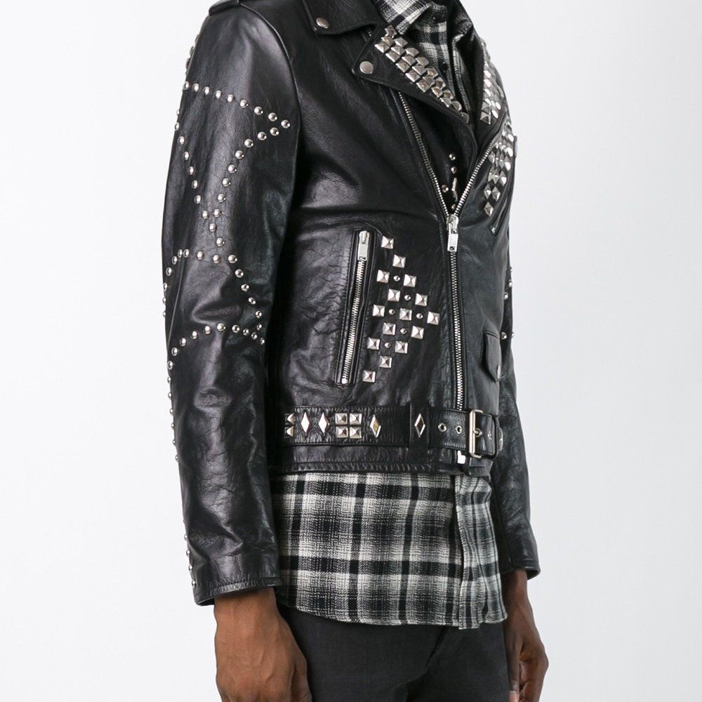 Men Classic Sliver Studded Leather Motorcycle Jacket, Biker Leather Jacket