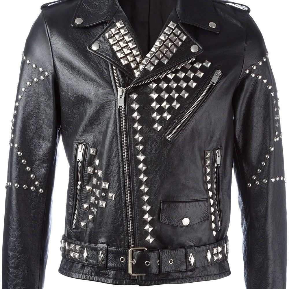 Men Classic Sliver Studded Leather Motorcycle Jacket, Biker Leather Jacket