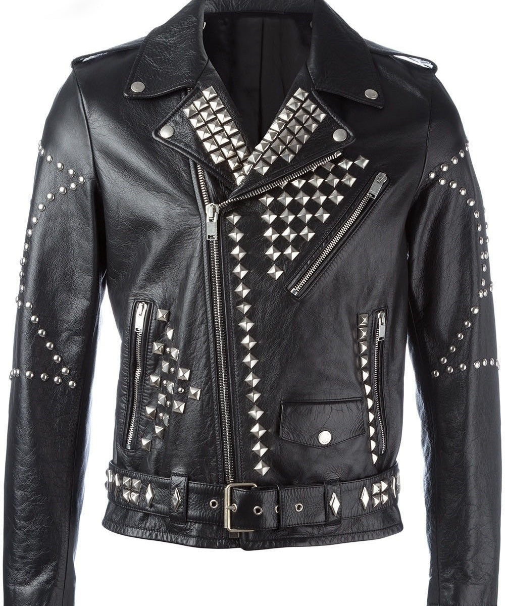 Men Classic Sliver Studded Leather Motorcycle Jacket, Biker Leather Jacket