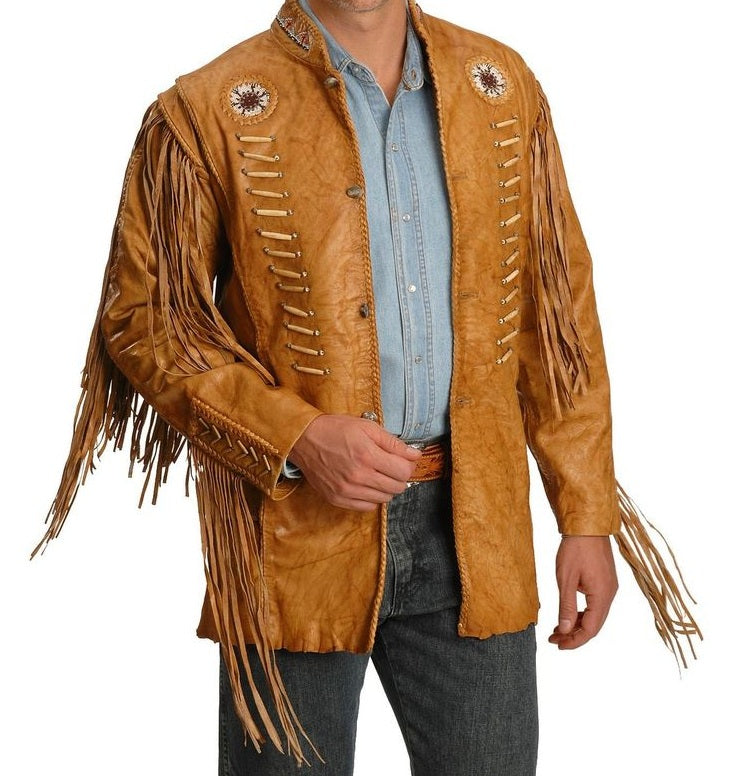 Men Cowboy Style Leather Jacket, Western Style Fringe Leather Jackets
