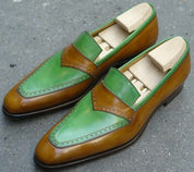 Men Fashion Style Two Tone Shoes, Green Color And Brown Moccasins
