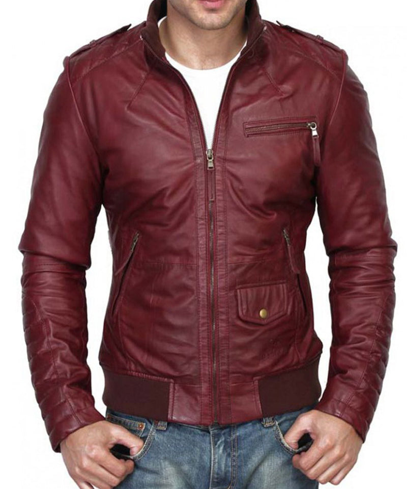 Men Maroon Color Slim Fit Leather Jacket. Fashion Biker Leather Jacket