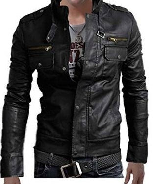 Men Stand Collar Leather Jacket, Black Jacket, 's Biker Leather Jackets