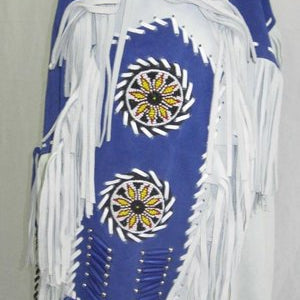 Men Western Leather Jacket Wear Fringes Beads Native American Cowboy Coat