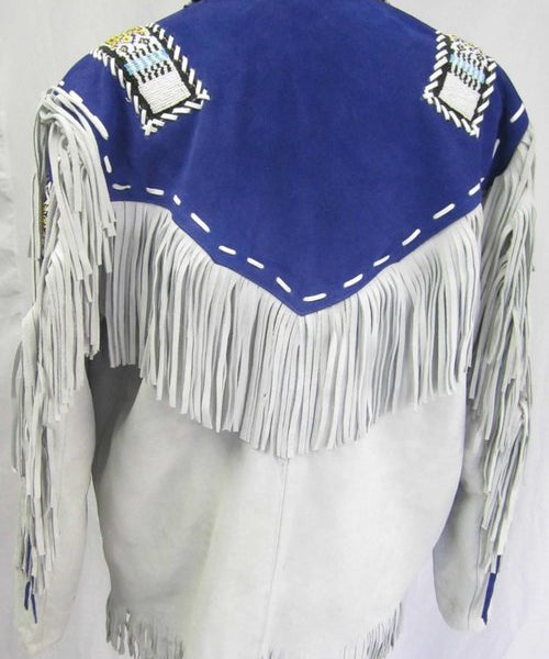 Men Western Leather Jacket Wear Fringes Beads Native American Cowboy Coat