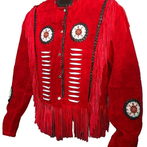 Men's Suede Leather Jacket Western Wear Cowboy Coat Fringe Bead,Jacket