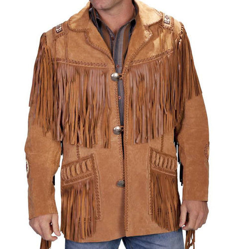 Men's New Tan Brown Western Suede Cow Leather Jacket Fringes, Cowboy Jacket