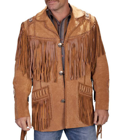 Men's New Tan Brown Western Suede Cow Leather Jacket Fringes, Cowboy Jacket