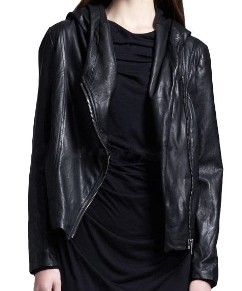 Women Black Hooded Leather Jacket, Leather Jackets, Hoodies