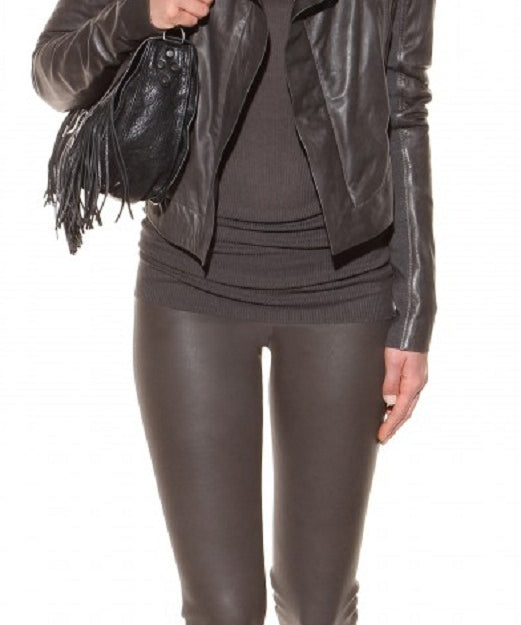Women Brown Wide Collar Leather Jacket, Fashion Leather Jacket