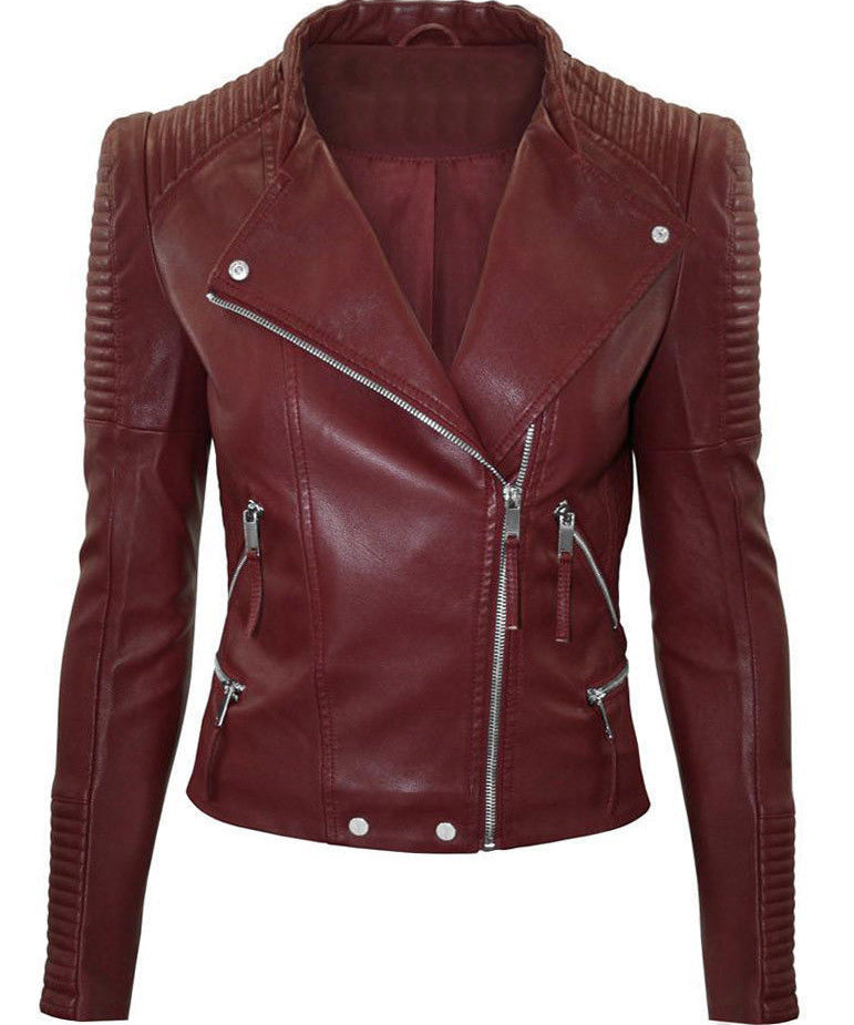 Women Maroon Color Leather Jacket Biker Stylish Zipper Jacket