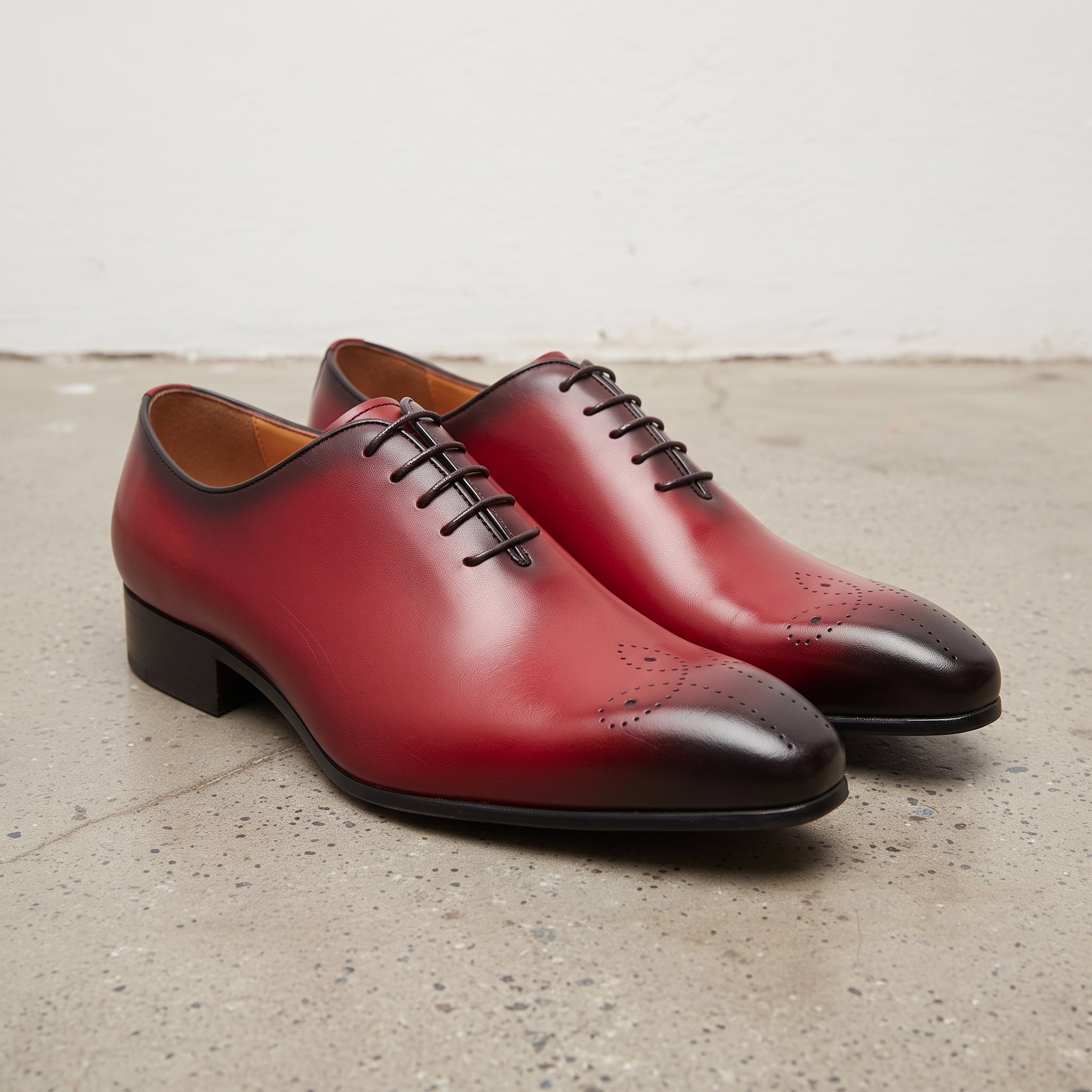 Red and Dark Brown Plain-Toe Leather Wholecut Oxfords — Gaveston