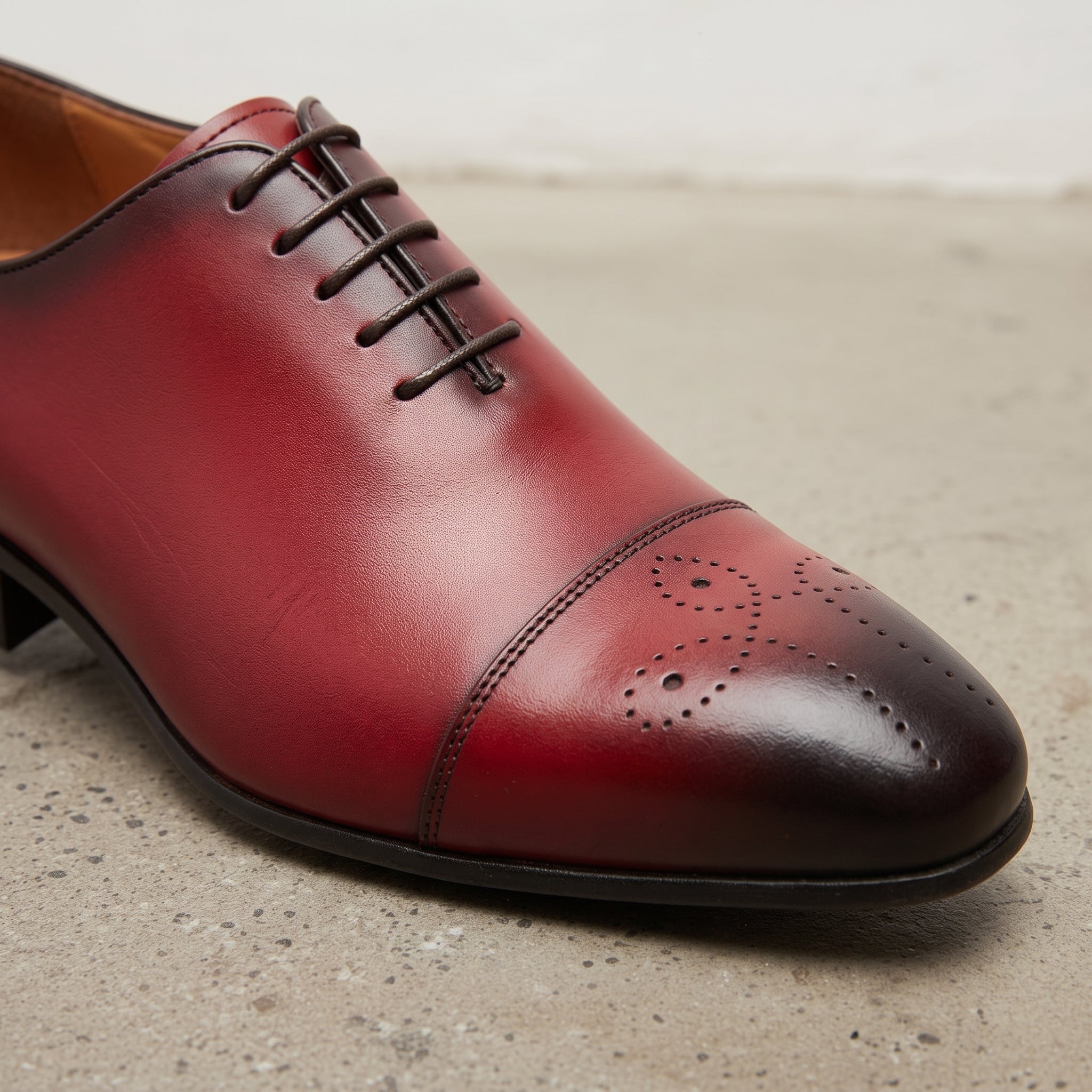 Red and Dark Brown Plain-Toe Leather Wholecut Oxfords — Gaveston