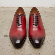 Red and Dark Brown Plain-Toe Leather Wholecut Oxfords — Gaveston