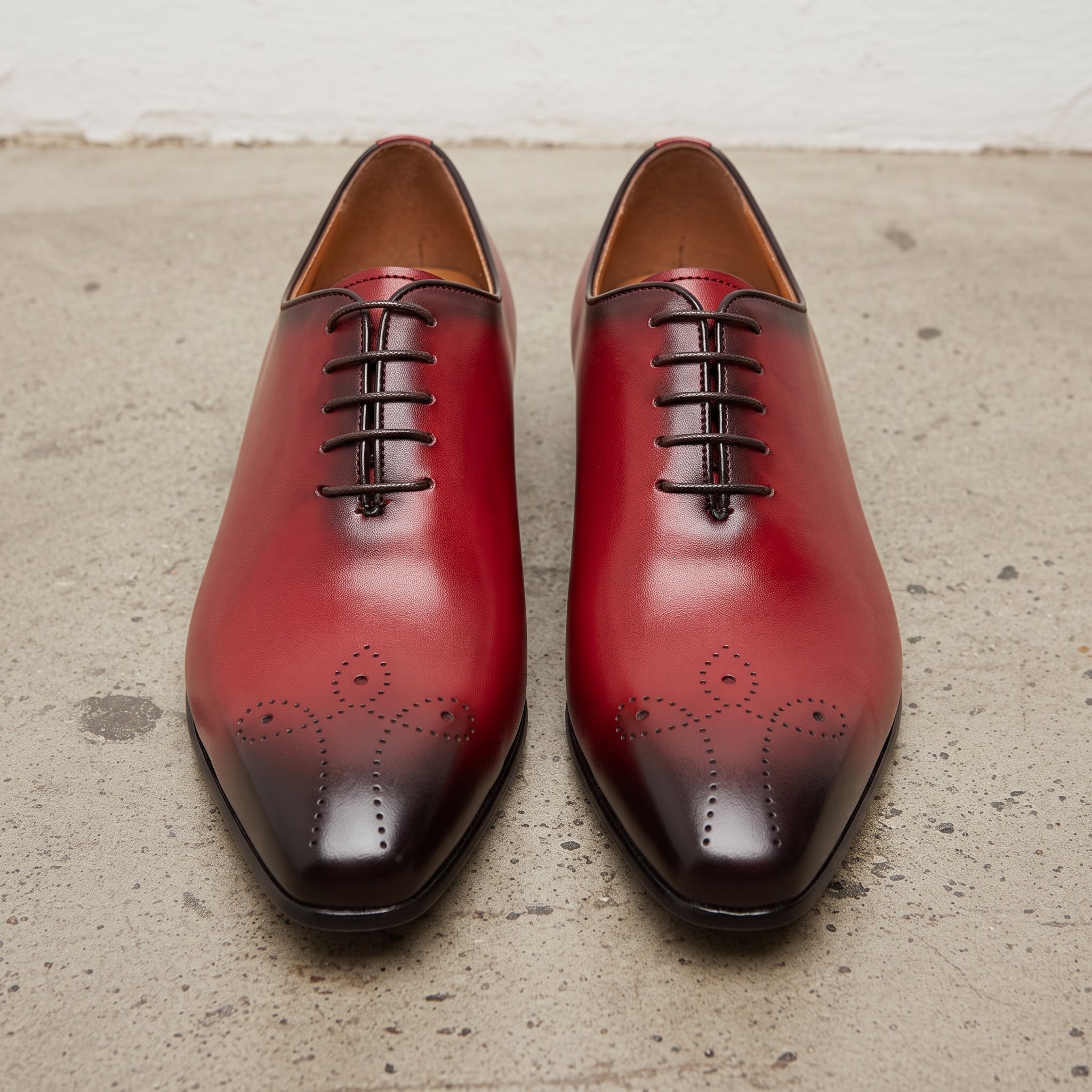 Red and Dark Brown Plain-Toe Leather Wholecut Oxfords — Gaveston