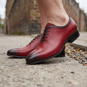 Red and Dark Brown Plain-Toe Leather Wholecut Oxfords — Gaveston