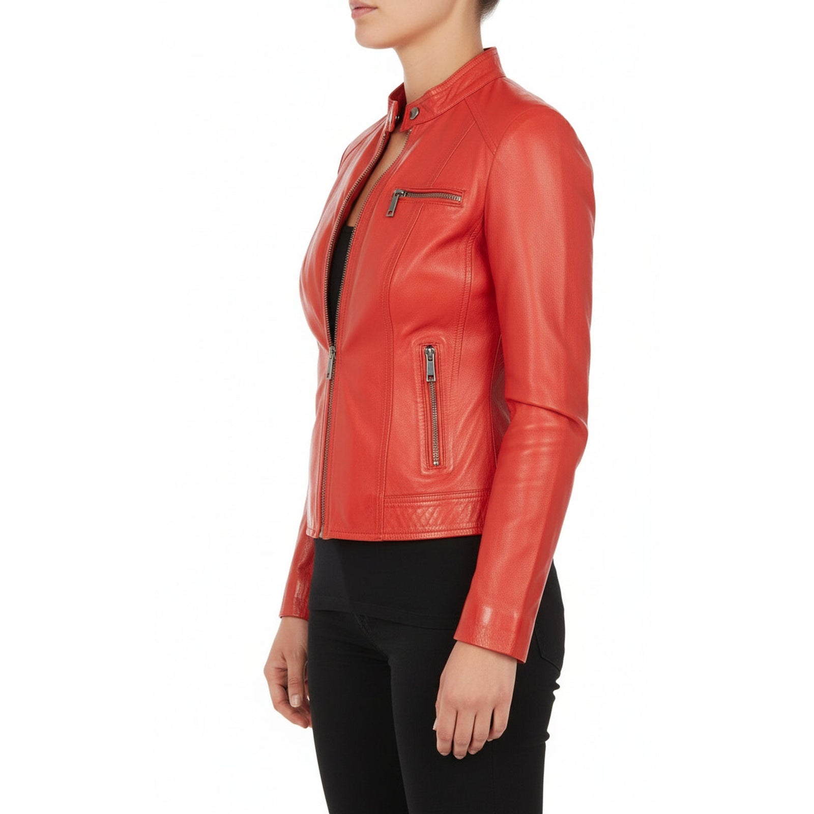model-side-view - Women's Cafe Racer Leather Jacket, Women's Biker Jacket, Leather Moto Jacket, Women's Racer Style Jacket