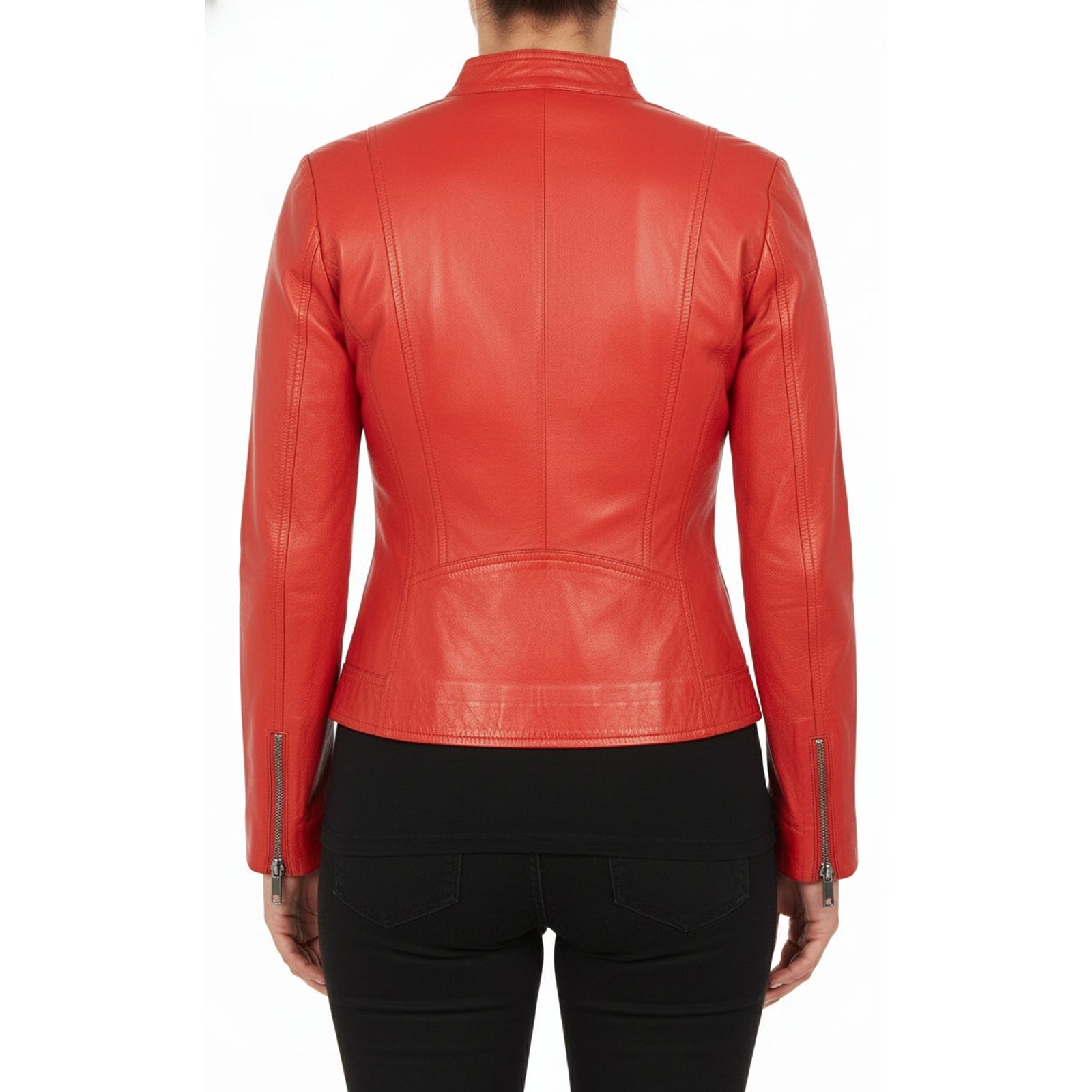 model-back-details - Women's Cafe Racer Leather Jacket, Women's Biker Jacket, Leather Moto Jacket, Women's Racer Style Jacket