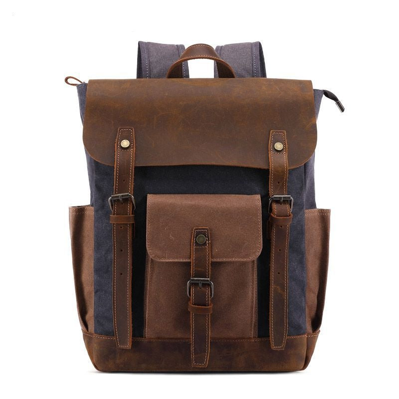 canvas leather stylish backpack Men's Dark Grey and Brown Canvas and Leather Backpack