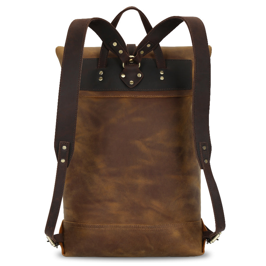 brown leather roll top backpack Men's Brown Leather Roll-Top Backpack