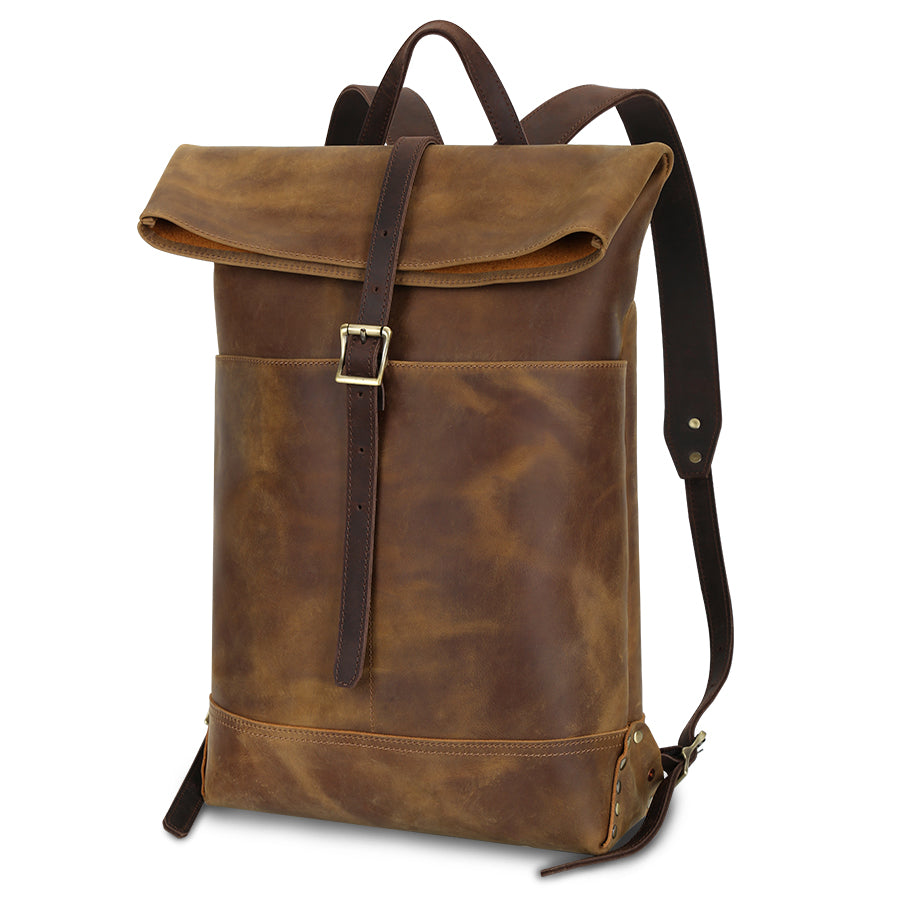 Rustic Leather Roll-Top Backpack