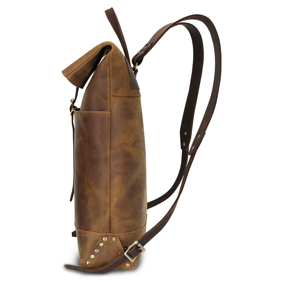Men's Brown Leather Roll-Top Backpack