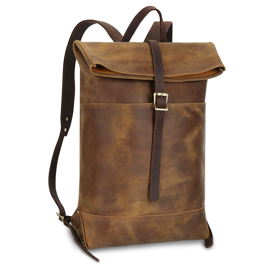 Men's Brown Leather Roll-Top Backpack — Longton