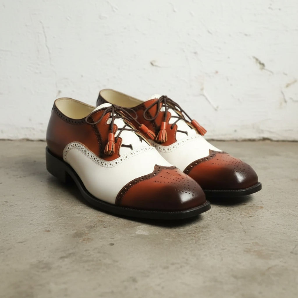 Stylish Handmade Men's Oxford Burnished two tone lace up dress shoes - angle-view-showing-depth