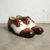 Stylish Handmade Men's Oxford Burnished two tone lace up dress shoes - angle-view-showing-depth