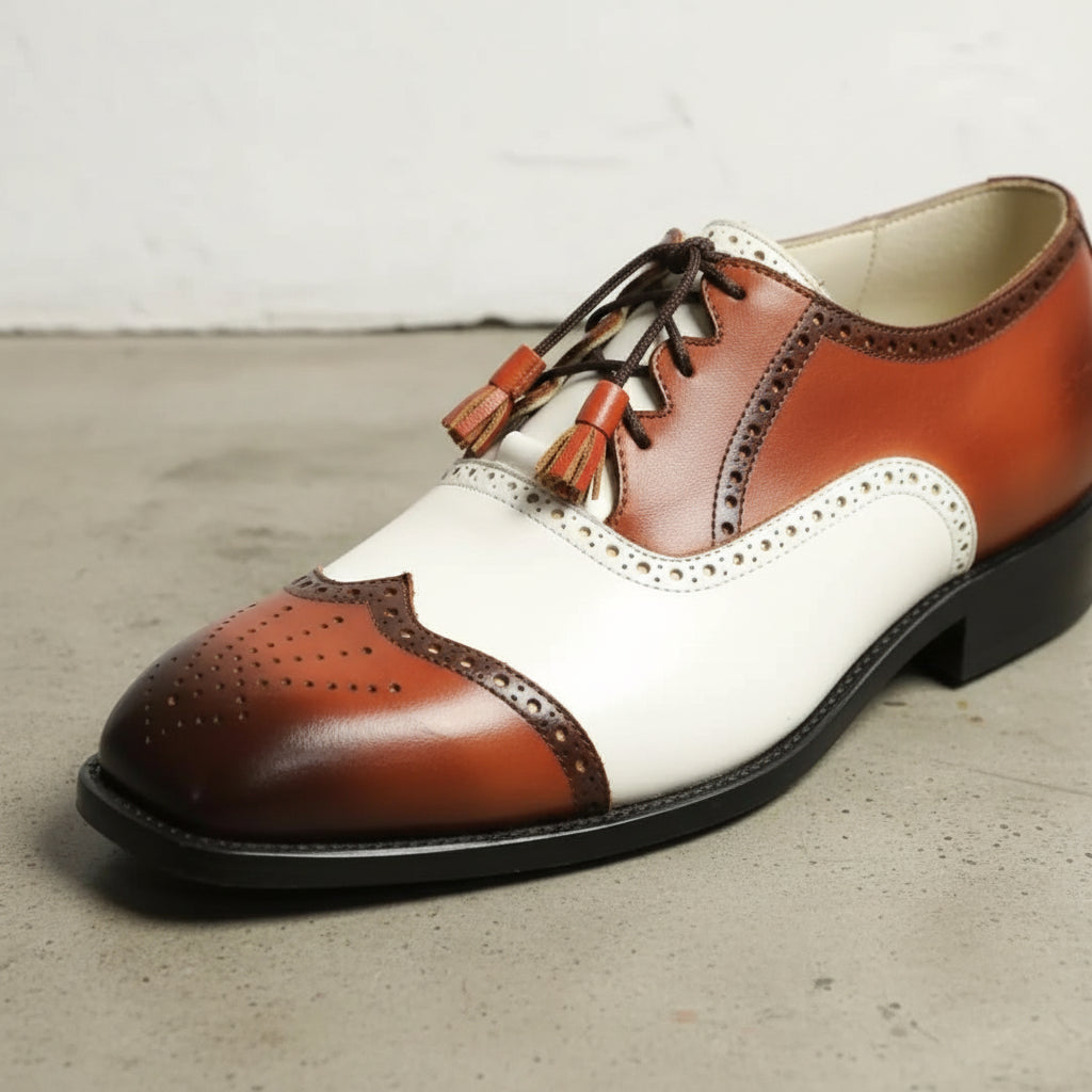 Stylish Handmade Men's Oxford Burnished two tone lace up dress shoes - detail-view-showing-texture