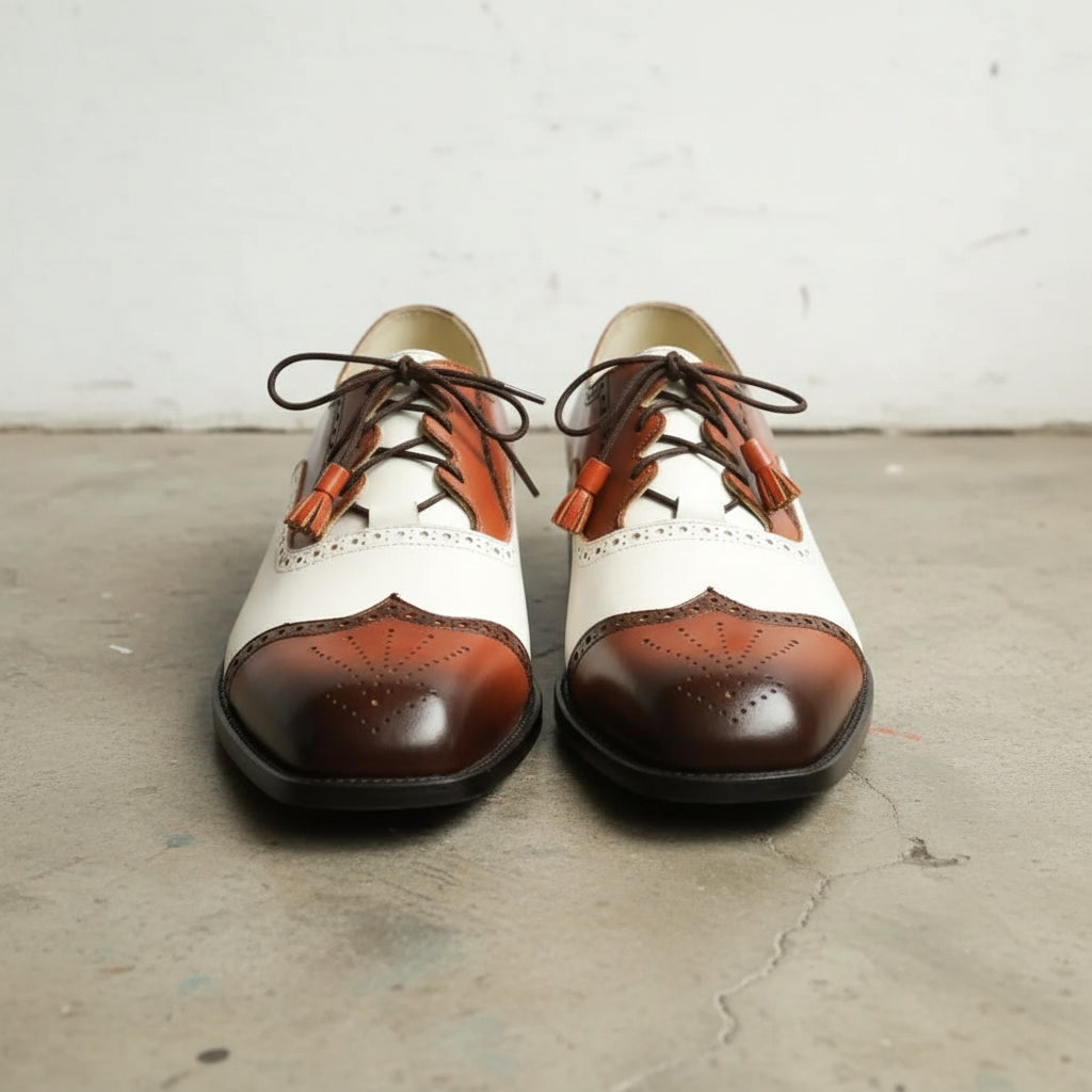 Stylish Handmade Men's Oxford Burnished two tone lace up dress shoes US 7 / Brown and White / D Stylish Handmade Men's Oxford Burnished two tone lace up dress shoes US 7 / Brown and White / D