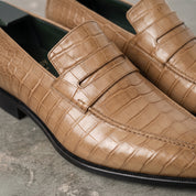Tan Alligator-Embossed Leather Penny Loafers — Kingsley