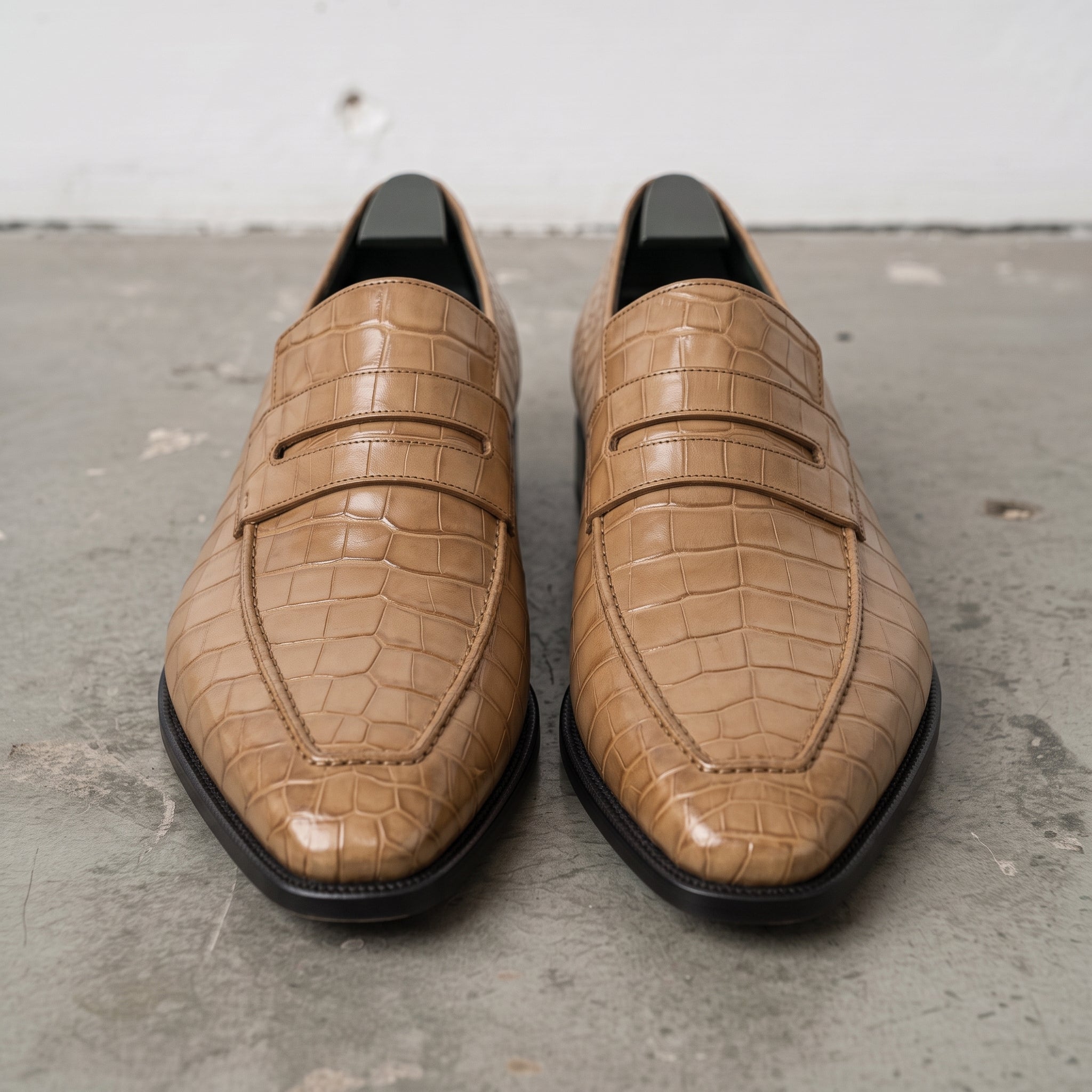 Tan Alligator-Embossed Leather Penny Loafers — Kingsley