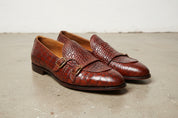 Tan Crocodile Leather Handmade Double Monk Formal Dress Shoes, - angle-view-showing-depth