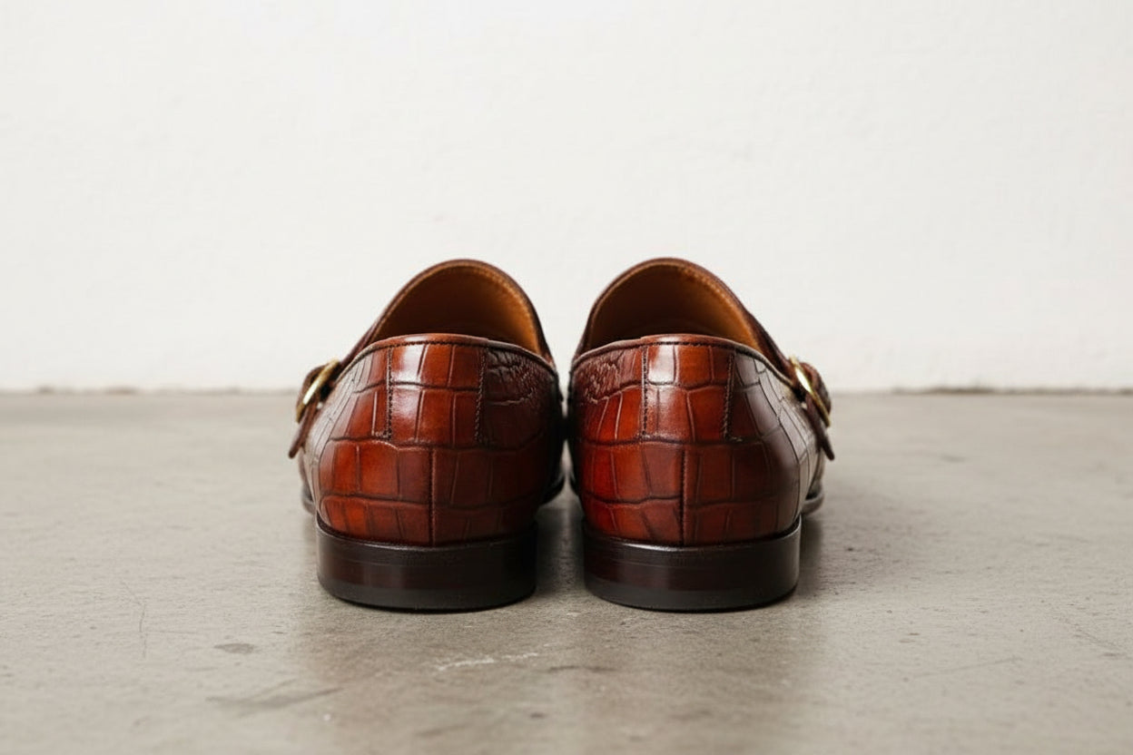 Tan Crocodile Leather Handmade Double Monk Formal Dress Shoes, - back-view