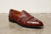 Tan Crocodile Leather Handmade Double Monk Formal Dress Shoes, - detail-view-showing-texture