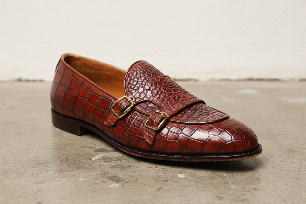 Tan Crocodile Leather Handmade Double Monk Formal Dress Shoes, - detail-view-showing-texture