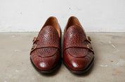 Tan Crocodile Leather Handmade Double Monk Formal Dress Shoes, - front-view