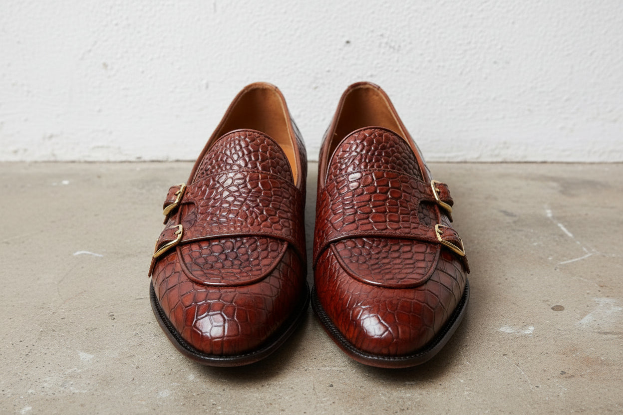 Tan Crocodile Leather Handmade Double Monk Formal Dress Shoes, - front-view