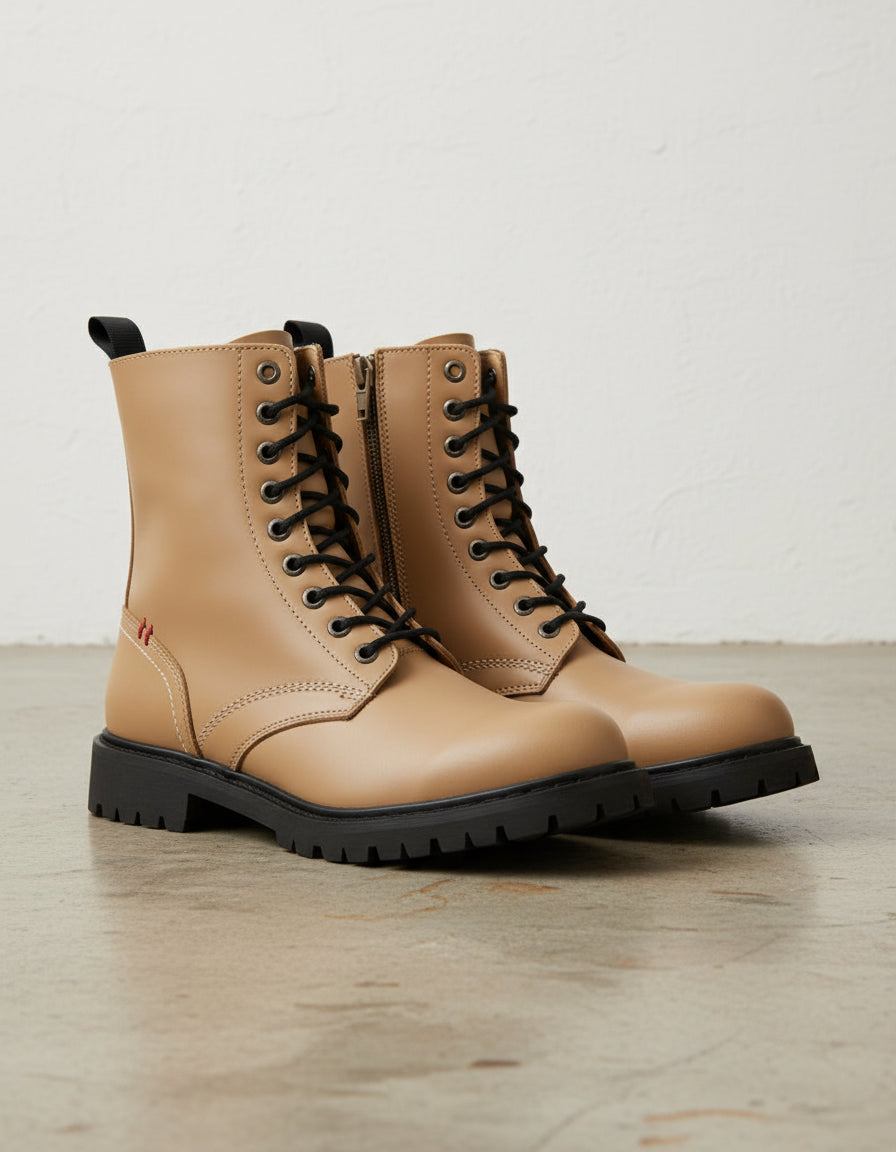 Tan-Handcrafted Leather Biker Boots - Rugged Protection & Comfort-angle-view-showing-depth