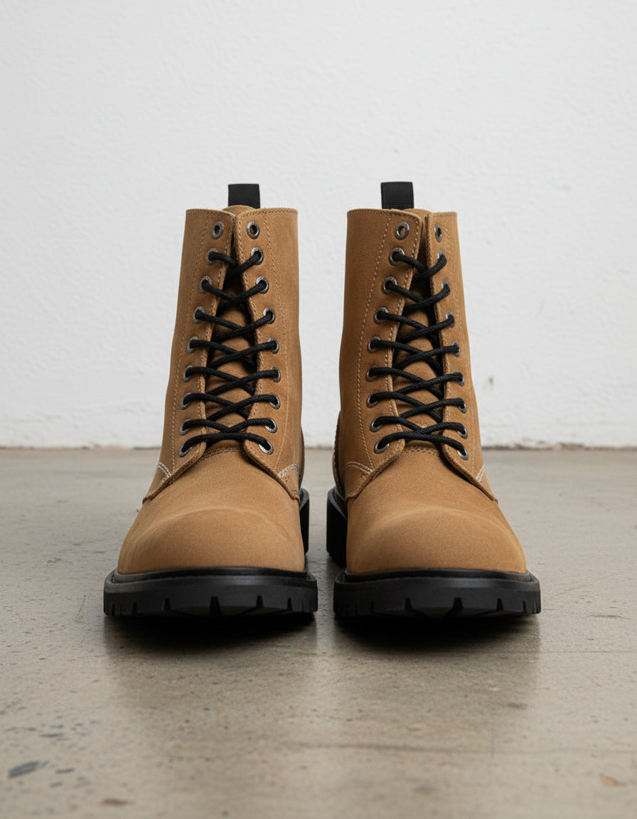 Tan-Handcrafted Leather Biker Boots - Rugged Protection & Comfort-front-view