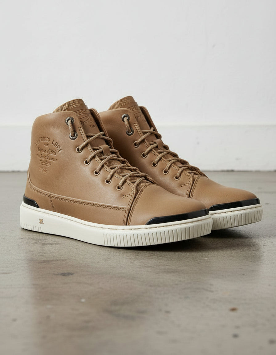 Tan-Handcrafted Leather High-top Biker Sneakers for Men-angle-view-showing-depth