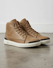 Tan-Handcrafted Leather High-top Biker Sneakers for Men-angle-view-showing-depth